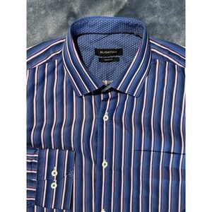 Bugatchi Uomo Shirt‎ Mens Large Blue White Pink Striped Classic Fit Long Sleeve